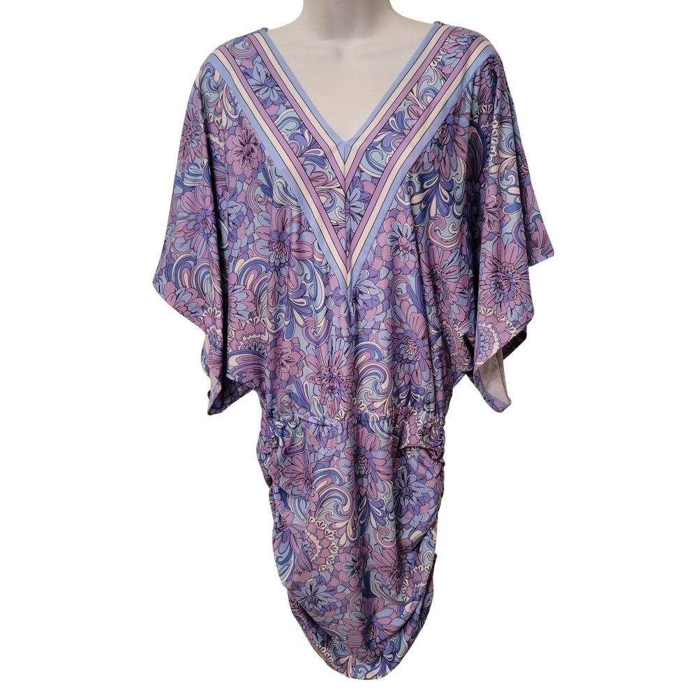 Carmen Marc Valvo Swimwear Purple Floral Paisley V Neck Kaftan Cover Up Dress XS